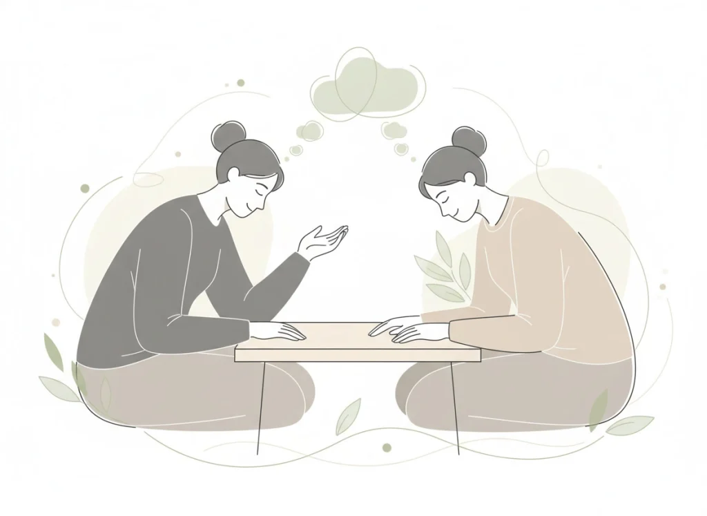 Dos personas en diálogo sereno con un ambiente calmado para representar empatía y compasión del chakra corazón