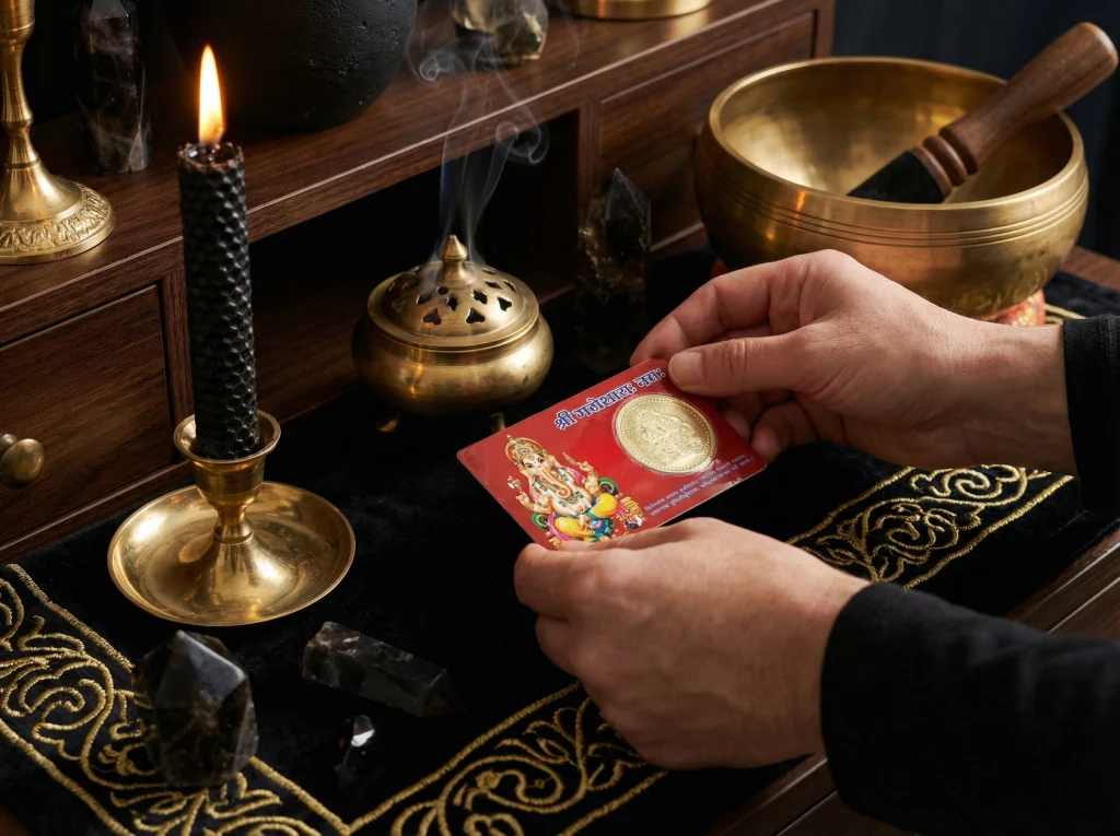 Imagen de Yantra de Ganesha Abre Caminos – manos estrenando el amuleto para retirar obstáculos, estilo esotérico profesional.