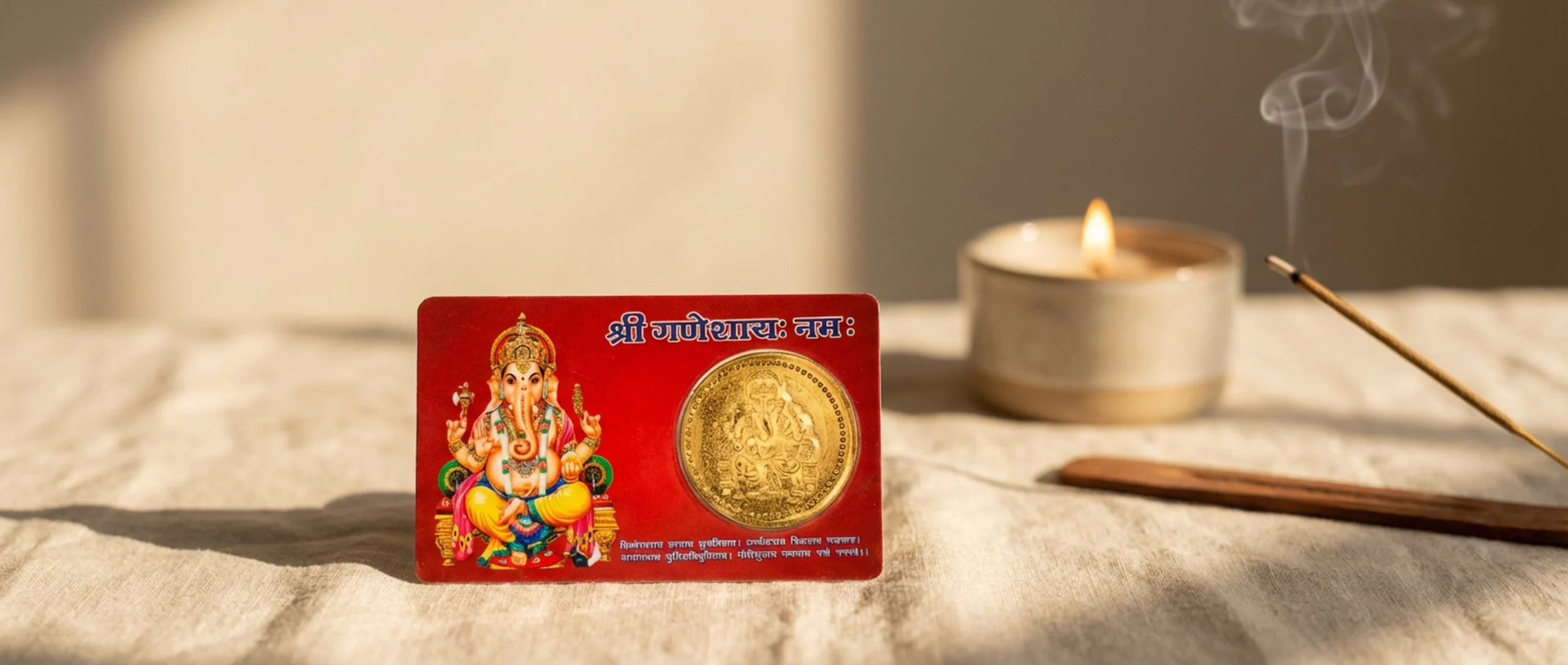 QUE ES EL Yantra de Ganesha en tonos rojo y dorado junto a vela e incienso.