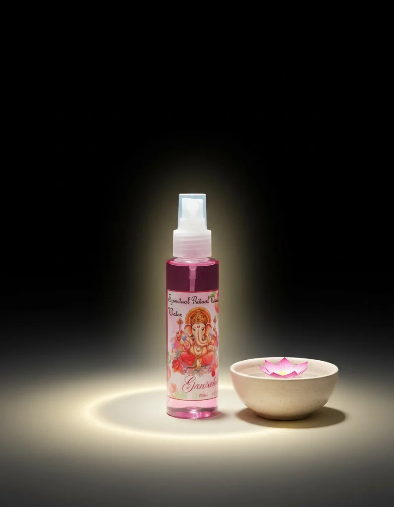 “Imagen de Agua de Ganesha – spray ambiental ritualizado para armonizar espacios, estilo esotérico profesional.”