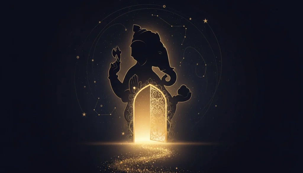 “Ilustración de Ganesha como símbolo de nuevos comienzos y claridad, estilo esotérico profesional.”