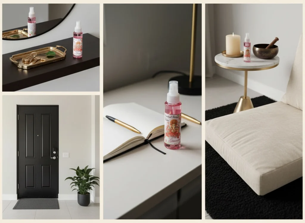 “Imagen de Agua de Ganesha – usos habituales del spray ambiental en entrada, escritorio y rincón de meditación, estilo esotérico profesional.”