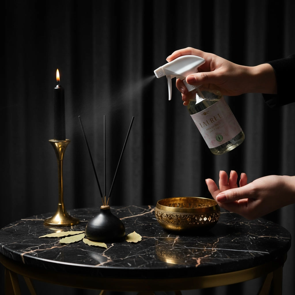 “Imagen de Spray de Laurel – manos aplicándolo para spray de limpieza energética, estilo esotérico profesional.”