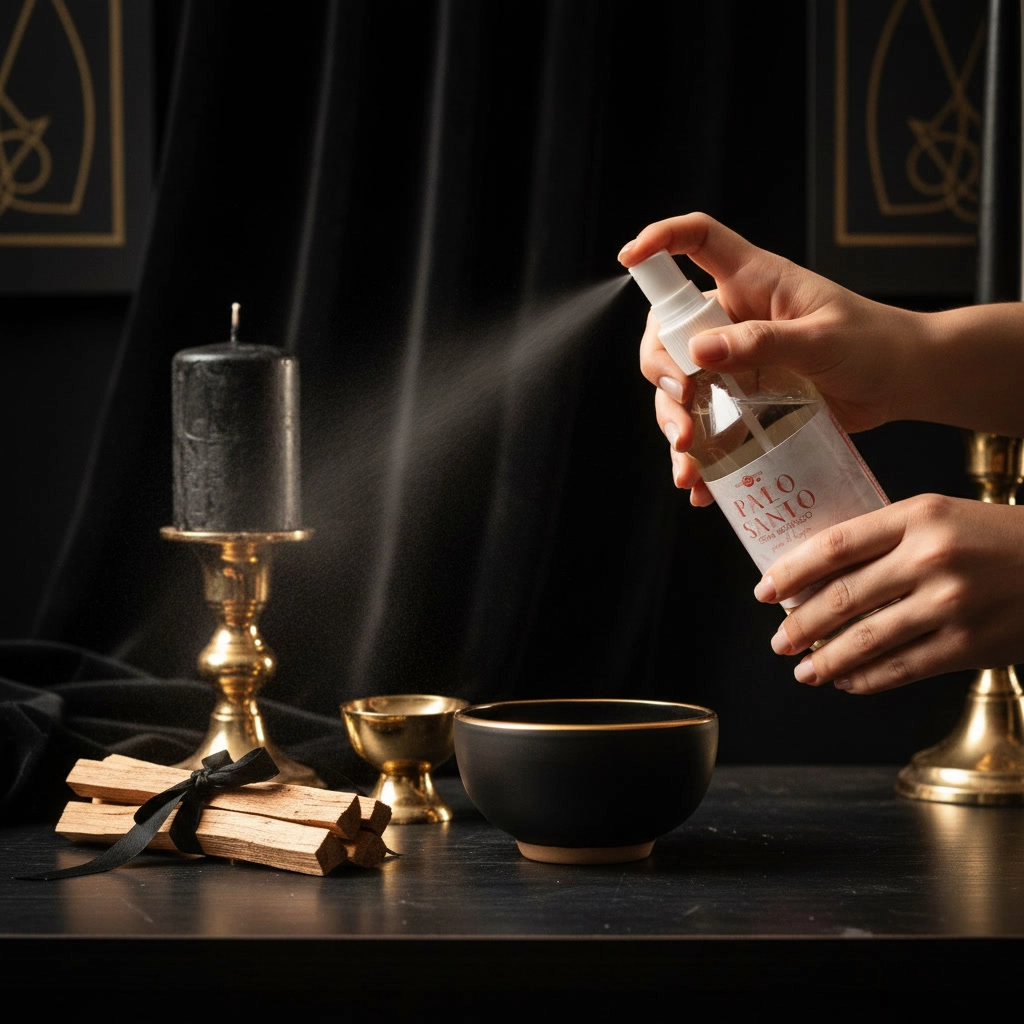 “Imagen de Spray de Palo Santo – manos aplicándolo para spray de limpieza energética, estilo esotérico profesional.”