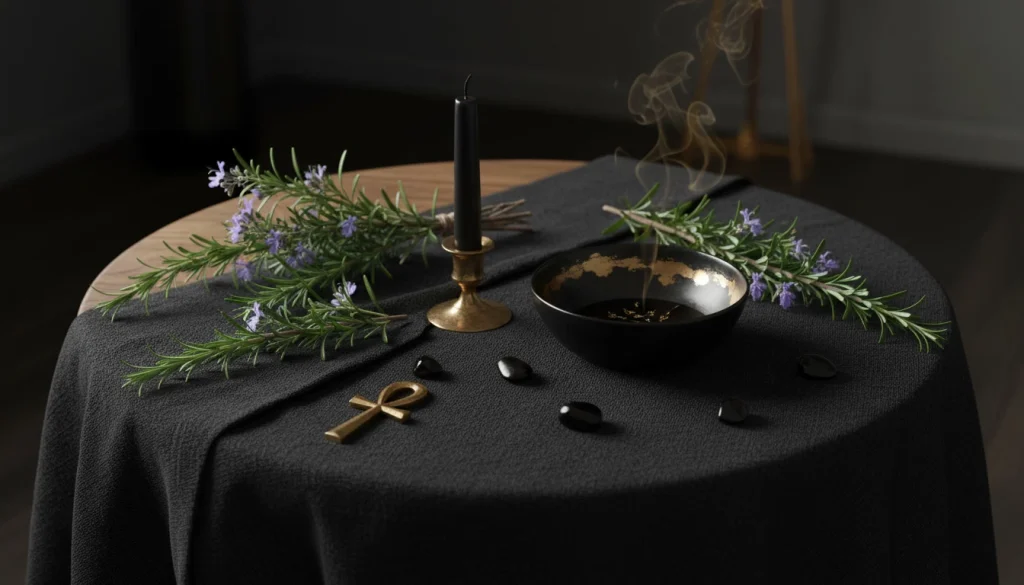 “Imagen de Spray de Romero – romero y altar para spray de limpieza energética, estilo esotérico profesional.”