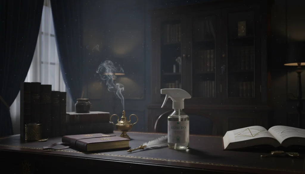 “Imagen de Spray de Romero – ambiente cargado antes de usar spray de limpieza energética, estilo esotérico profesional.”