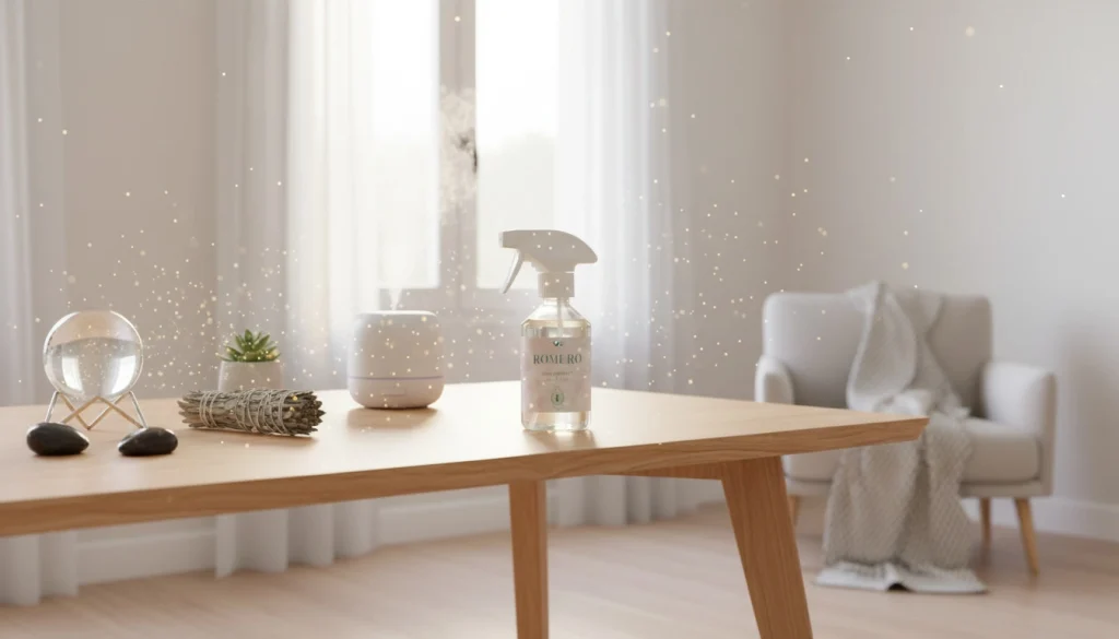 “Imagen de Spray de Romero – ambiente despejado con spray de limpieza energética, estilo esotérico profesional.”