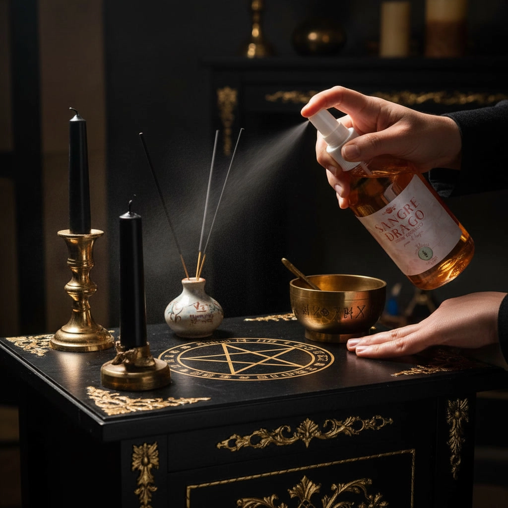 “Imagen de Spray de Sangre de Drago – manos aplicándolo para spray de limpieza energética, estilo esotérico profesional.”