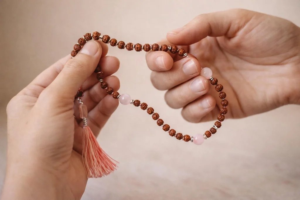 Detalle de mala de rudraksha contando cuentas con los dedos en una práctica de japa