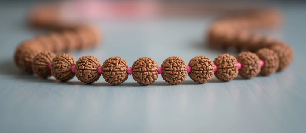 Macro de cuentas de rudraksha mostrando su textura natural y surcos