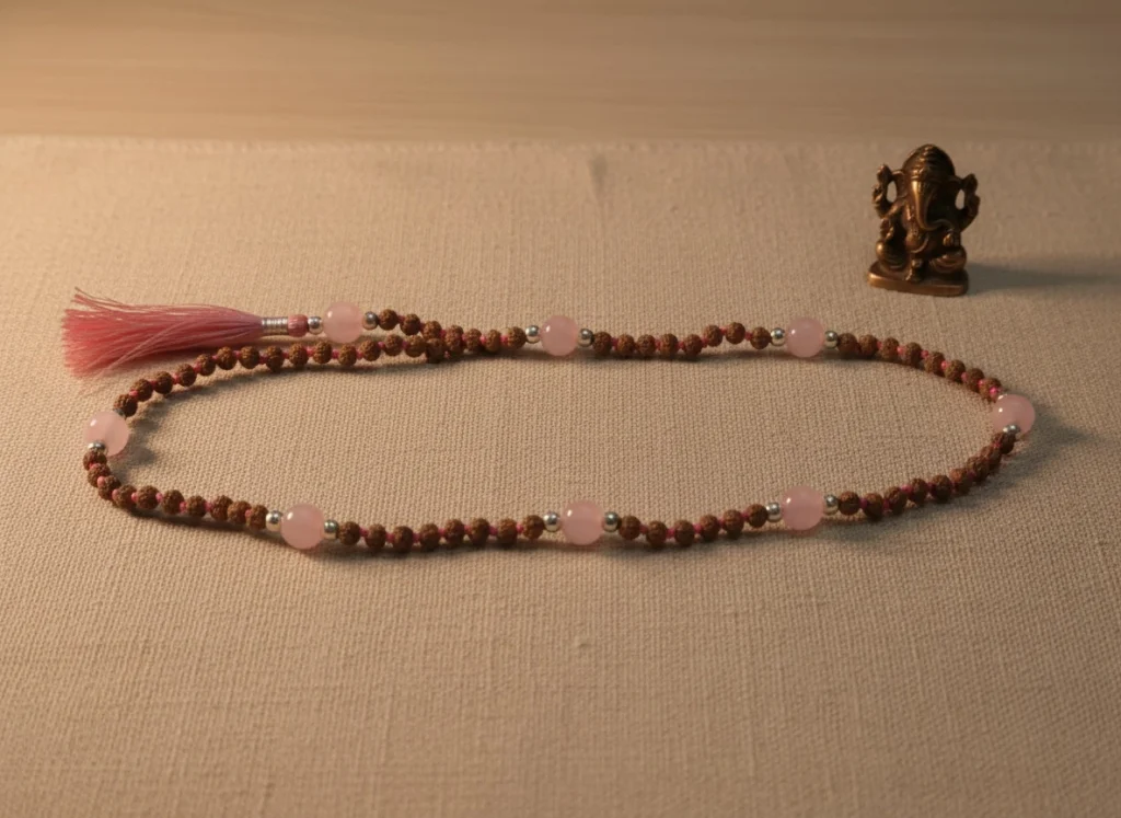 Mala de rudraksha con cuarzo rosa junto a un pequeño símbolo de Ganesha en un altar minimalista