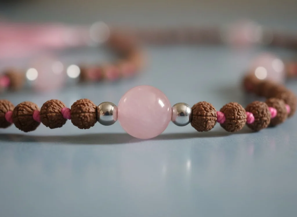 Detalle de cuarzo rosa en el mala de rudraksha con separadores plateados