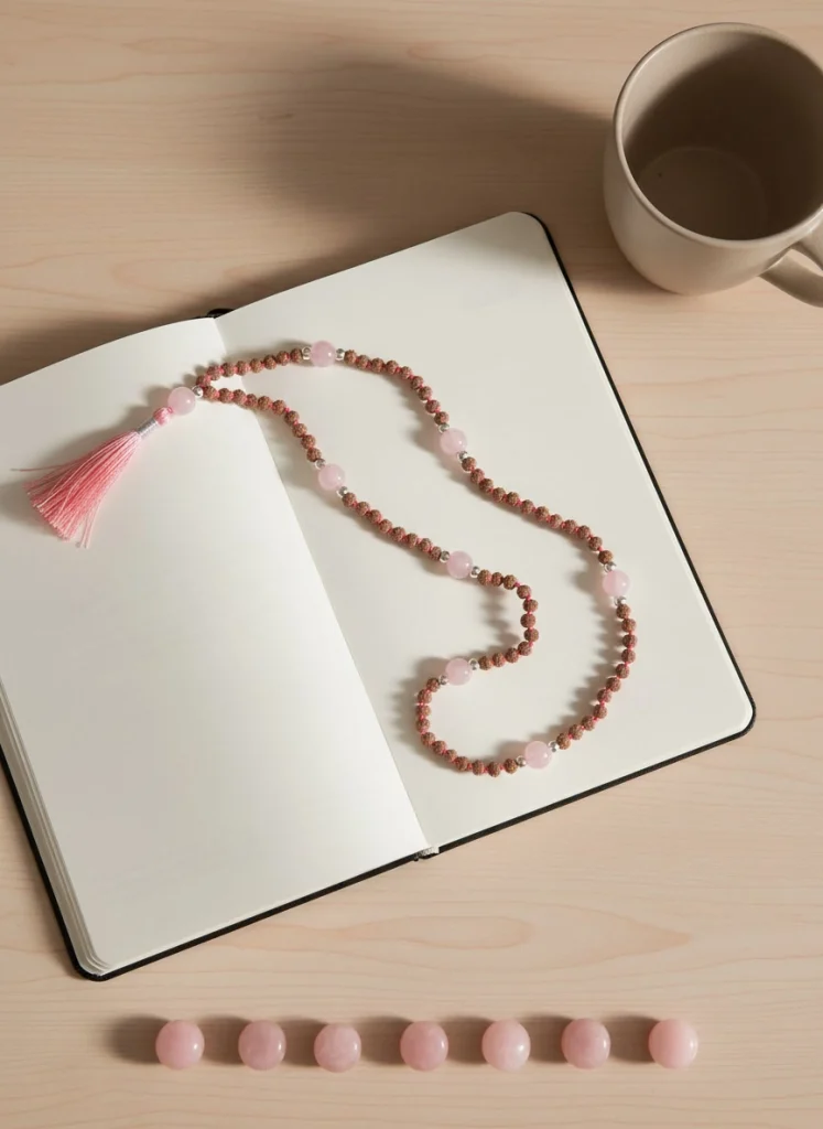 Mala de rudraksha con cuarzo rosa junto a un cuaderno y siete pequeñas piedras en línea representando un ritual de 7 días