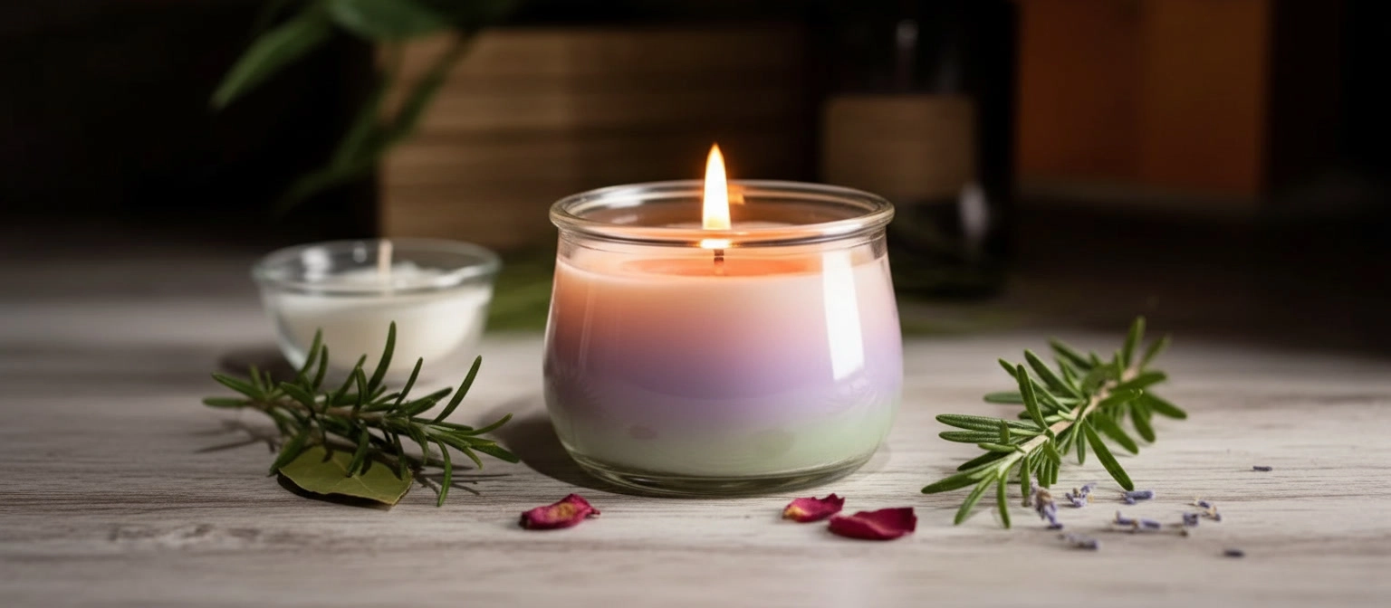 “Vela cromática en vaso encendida con cambio de color progresivo y estilo boticario sobre mesa de madera.”