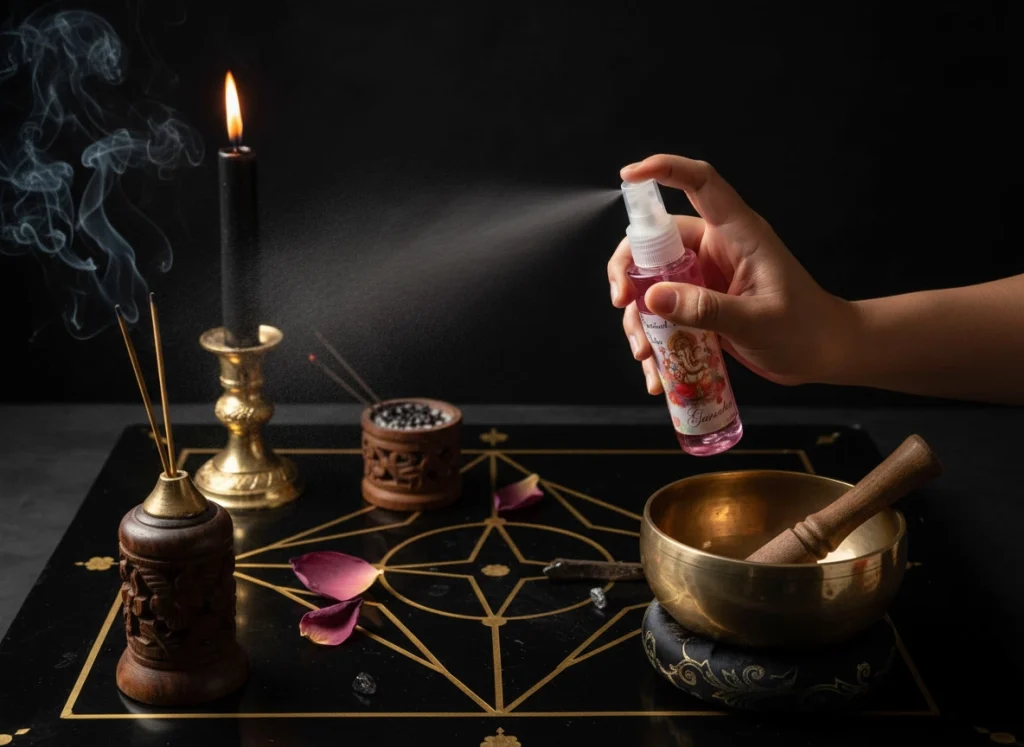 Imagen de Agua de Ganesha – manos aplicándolo en ritual abre caminos, estilo esotérico profesional.